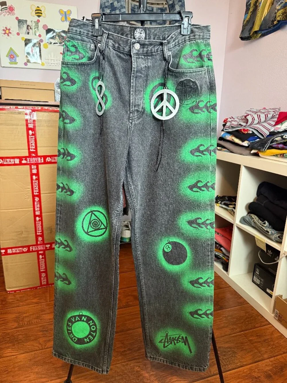 Stüssy Van Alon Dizzy Man Moon Graffiti Denim Jeans Green Black Size 34